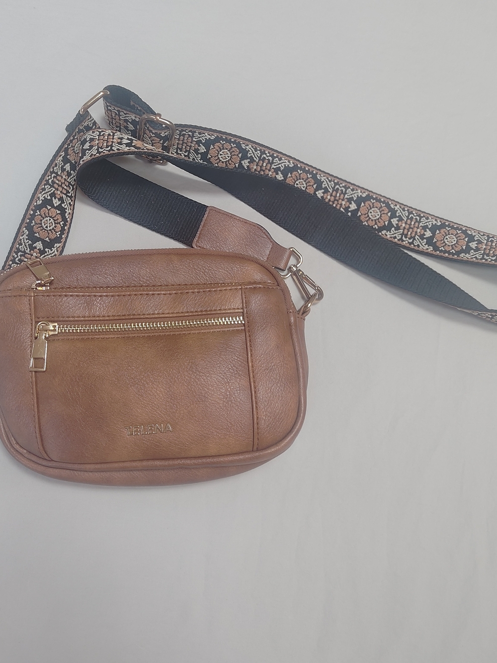 Brown Leather Crossbody Bag with Patterned Adjustable Strap